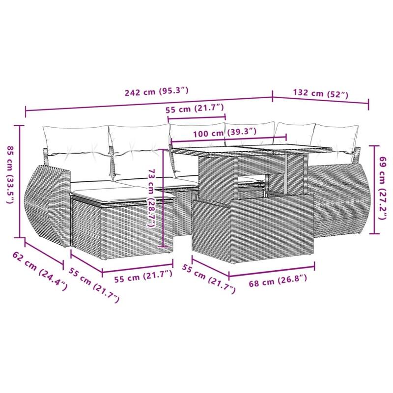vidaXL Patio Sofa Set with Cushions Outdoor Furniture 7 Piece Poly Rattan