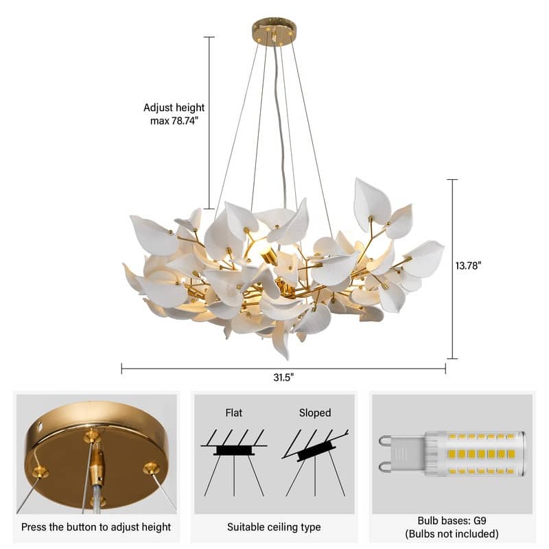 KAYLA 31.5" 6-Light Luxury Gold Round Chandelier, Modern Ceramic Leaf Branch