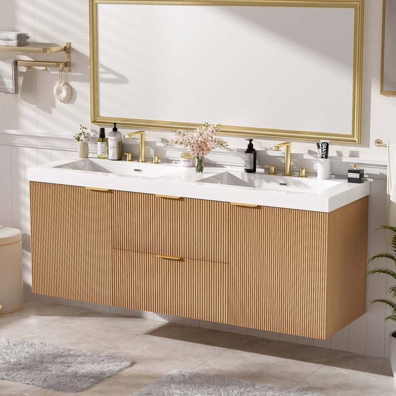 59.3 Inch Floating Double Sink Bathroom Vanity with SMC Resin Top, Wall Mounted Storage Cabinet for Large Bathrooms