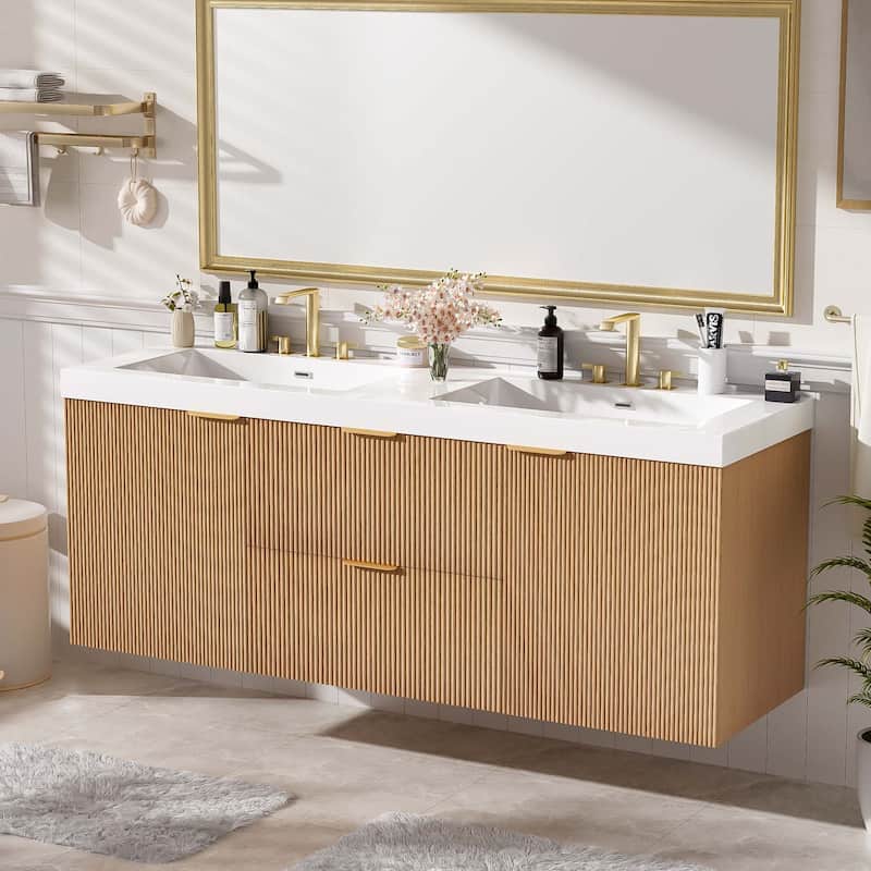 GDFStudio - Mercer Transitional Wall Mounted Bathroom Vanity Cabinet with Double SMC Sink, Soft Close Doors & Drawers