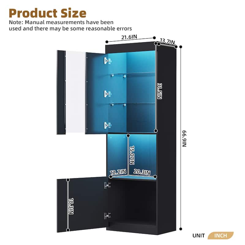 67" Tall Pantry Cabinet Storage Cabinet with LED Lights, Modern Bookcase&Display Cabinet with Tempered Glass Shelves
