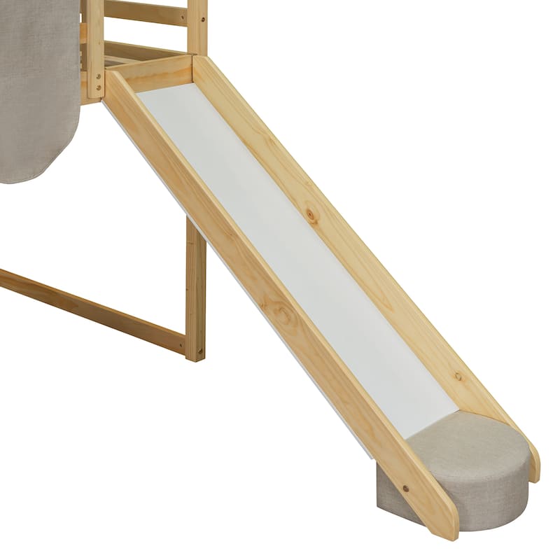 Twin Wooden Loft Bed with House Frame Slide Ladder and Storage Shelves