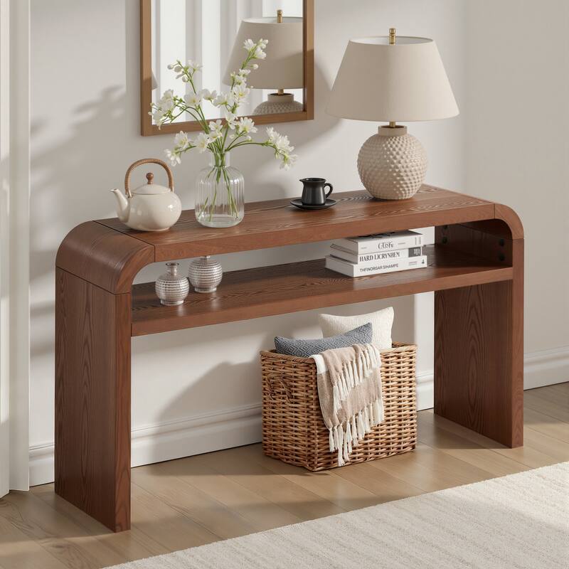 59.4" 2-Tier Curved Long Console Table with Solid Oak Wood Veneer - 59.45"L x 13.78"W x 32.87"H