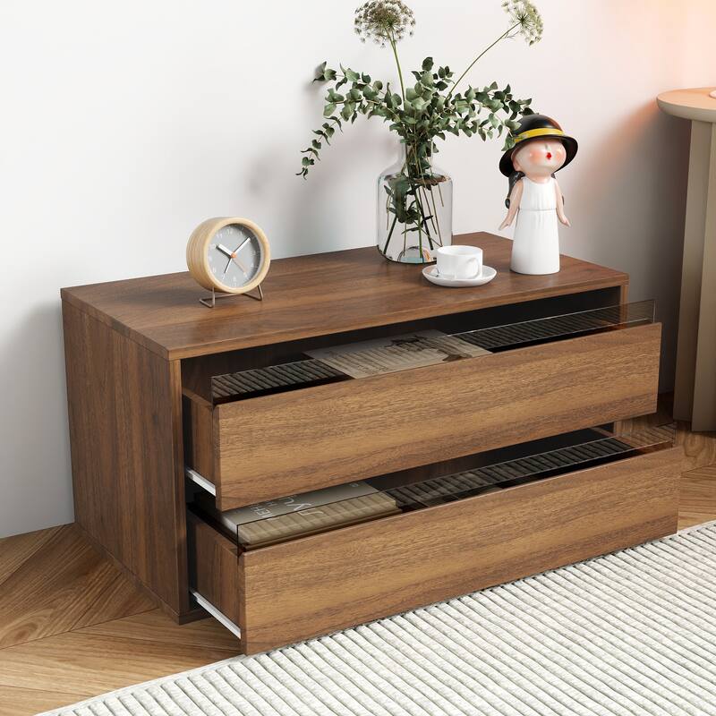 Roomfitters Stackable Mounted Storage Cabinet with 2 Drawers, Wooden Organizer Shelf for Living Room, Bedroom, or Office, Walnut