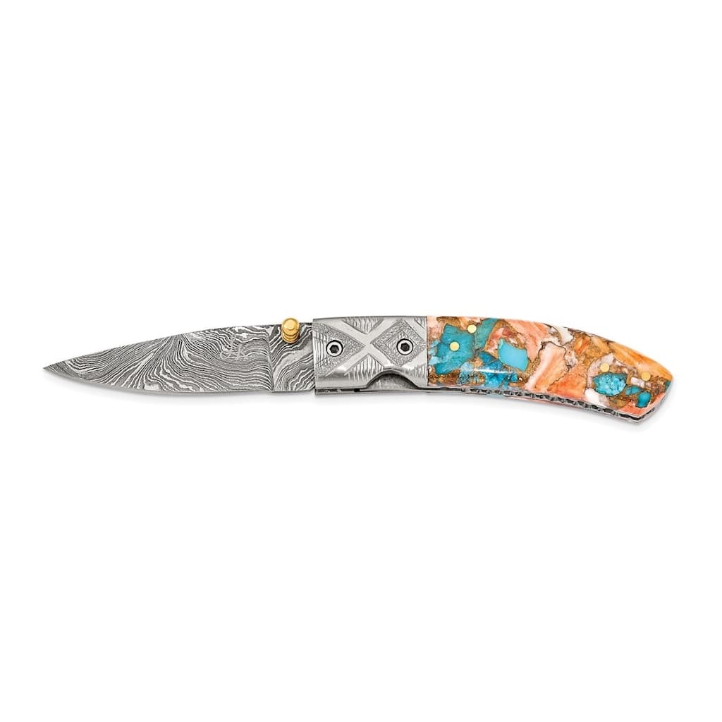 Curata Damascus Steel 256 Layer Spiny Oyster Turquoise Handle Folding Blade Knife Leather Sheath Wooden Gift Box