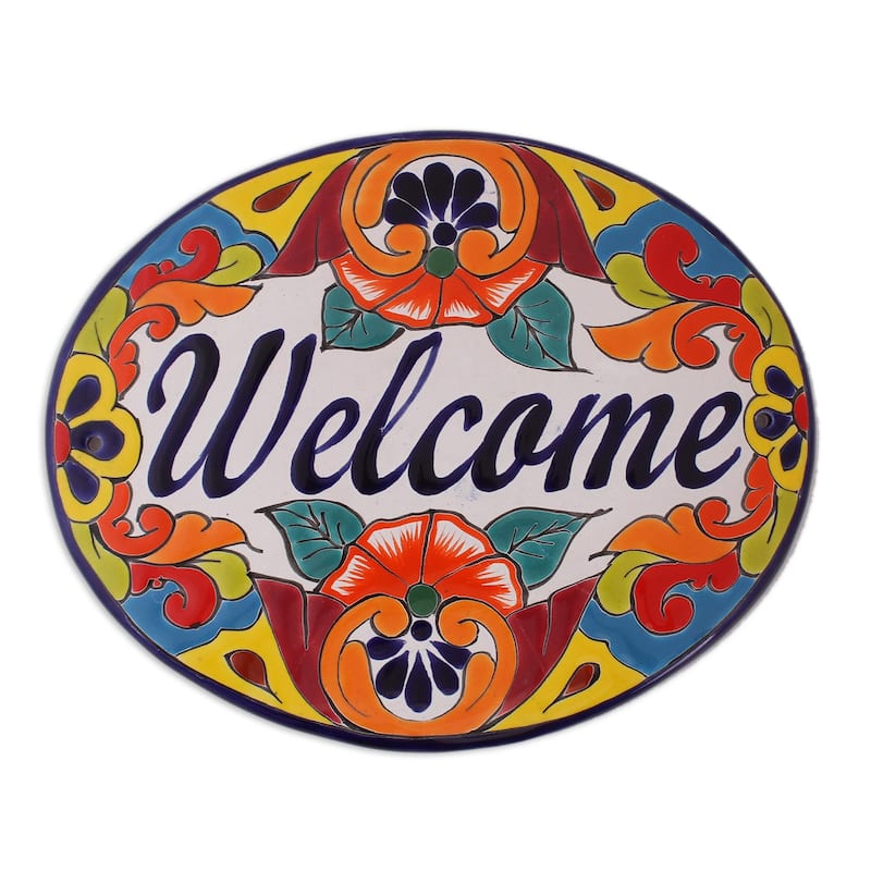 Novica Handmade Talavera Welcome Ceramic Wall Sign