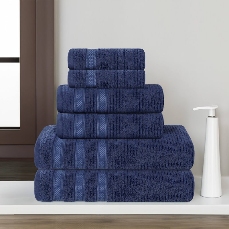 Superior Brea Zero Twist Cotton Ribbed Modern 6 Piece Bathroom Towel Set - Navy Blue