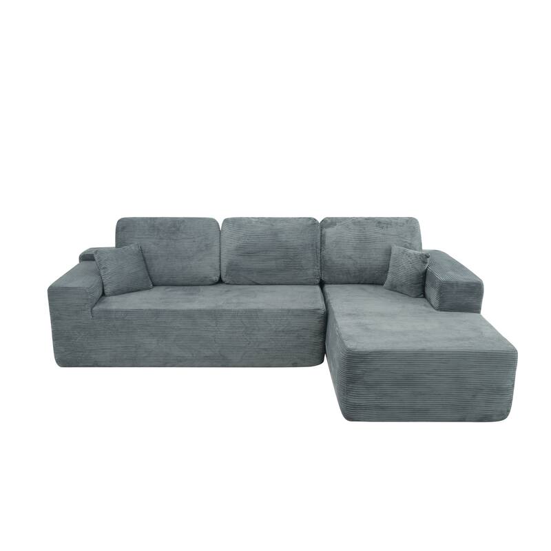 L-Shaped Modular Sectional Sofa with Chaise Lounge, Corduroy Upholstered Cloud Couch, Deep Seat Sofa with 2 Pillows