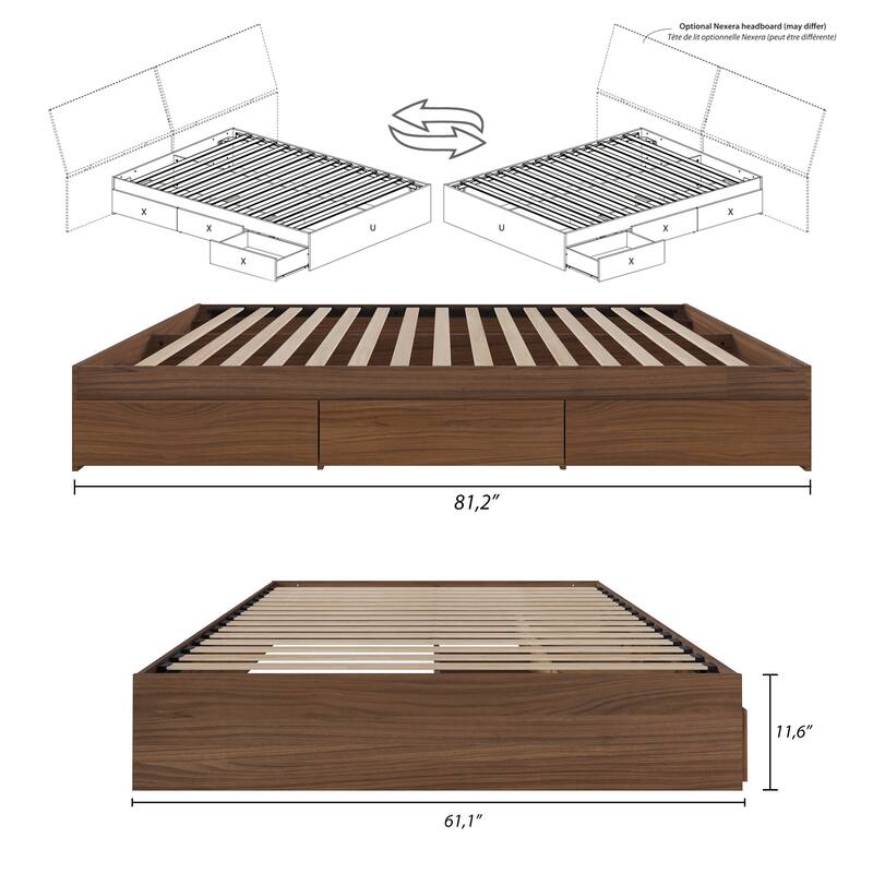 Nexera Bed Frame with 3-Drawer Storage, Reversible, Brown