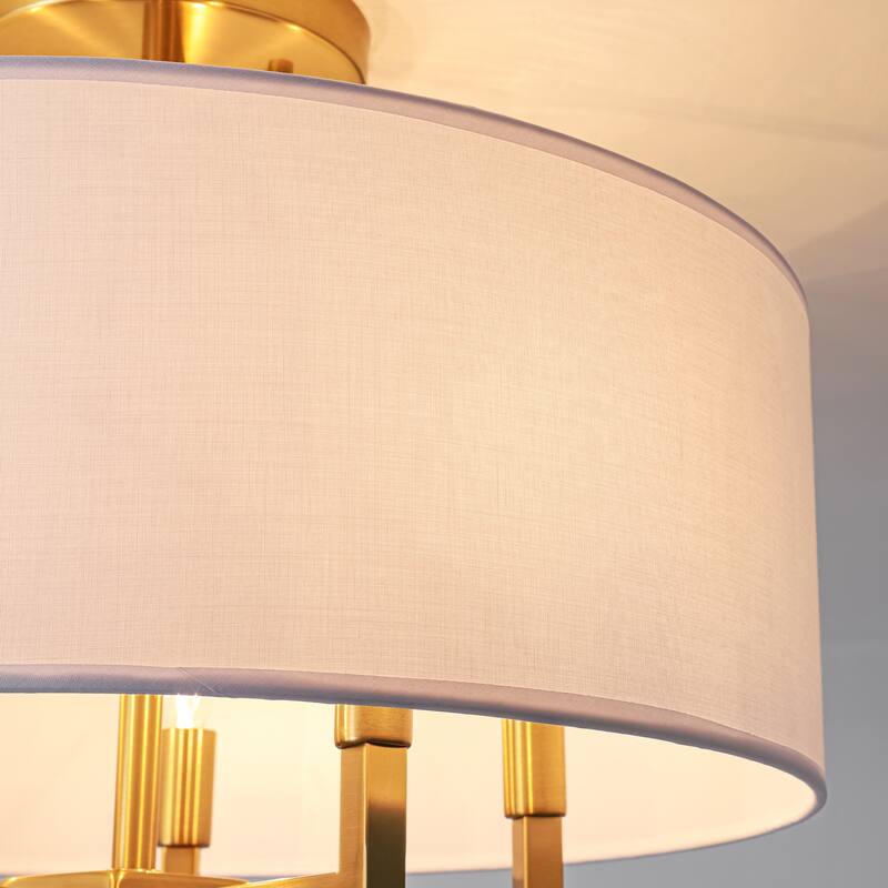 4-Light Mid-Century Modern Gold Semi-Flush Mount Light with White Drum Fabric Shade for Bedroom, Living Room