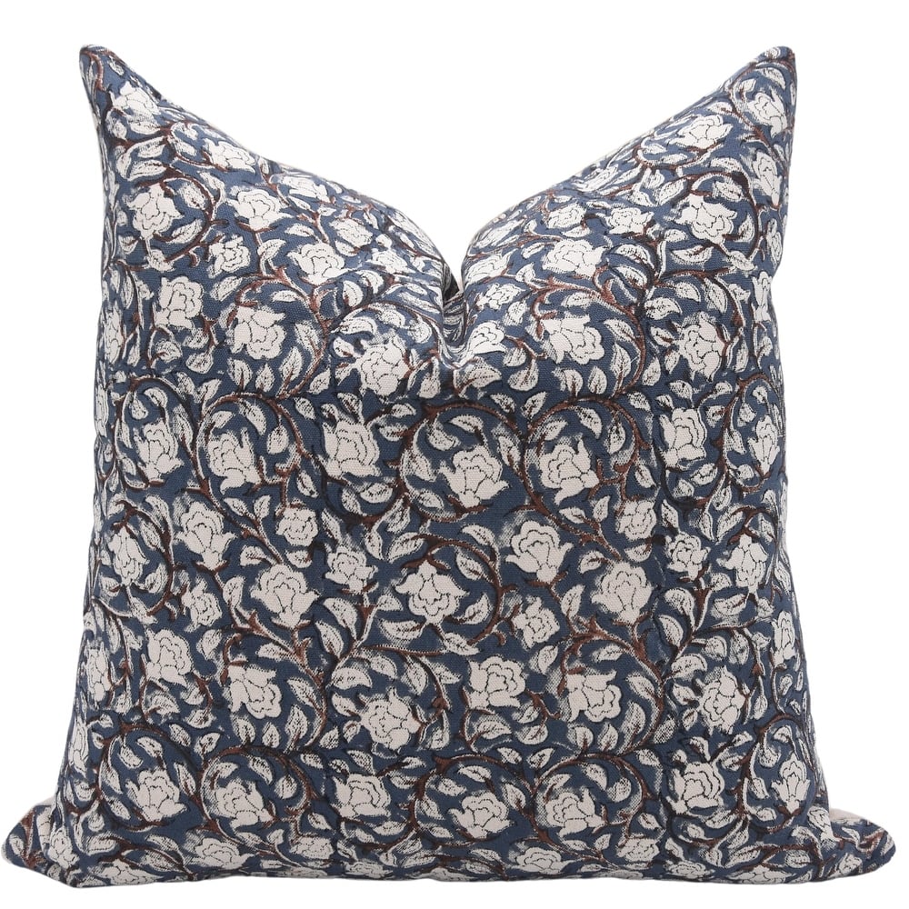 Floral Dark Blue Hidden Zipper Hand Block Floral One Side Print Pillow Cover By Fabdivine