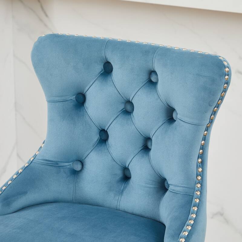 Velvet Swivel Bar Stools Set of 2, Button Tufted Rivet Trim Dining Room Chairs, Kitchen Stools with Wooden Legs