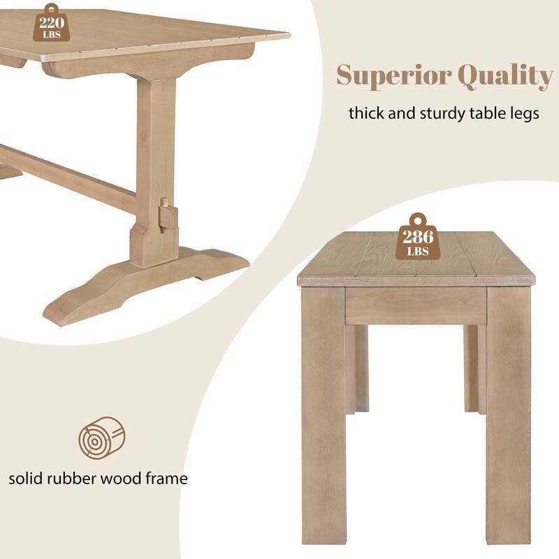 3-Piece Retro Dining Set, Rectangular Trestle Table and 2 Wood Benches for 4 People for Dining Room and Kitchen