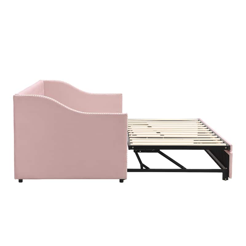 Button Tufted Backrest Daybed, Twin To King Extendable Sofabed with 2 Armrests & Pop Up Trundle Bed, Velvet Platform Bed