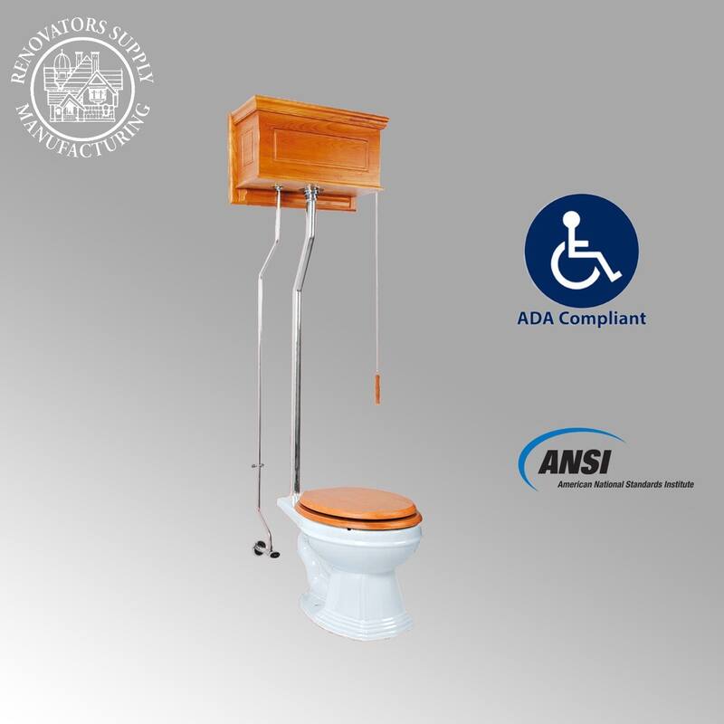 High Tank Toilet Light Oak Finish Raised White Elongated Bowl & Chrome Rear Entry Pipe Renovators Supply