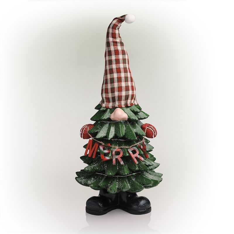 Alpine Corporation 28"H Polyresin Christmas Tree Gnome Decoration with Color Changing LED Lights