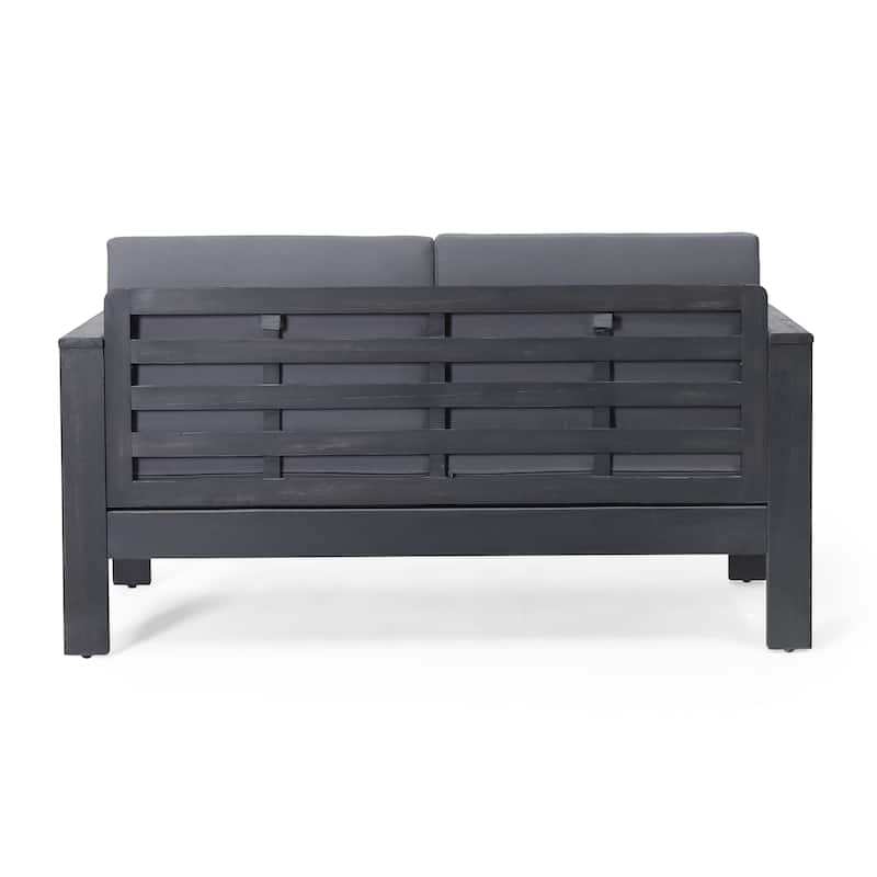Roomfitters Outdoor Acacia Wood Loveseat and Coffee Table Set, Cream Cushions, Teak Finish, Ideal for Patio, Garden, or Porch