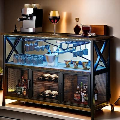 55" Bar Cabinet with LED Lights, Wine Cabinet with Power Outlet, Bar Table Stand with Wine Rack - 55.1"Lx15.7"Wx33.4"H