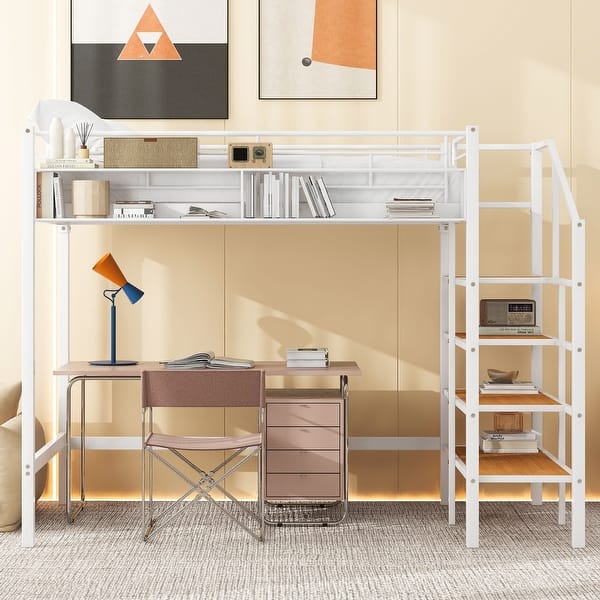 slide 2 of 12, White Metal Loft Bed wGrid Storage Guardrail, Storage Ladder - Twin White - Twin