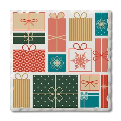 Christmas Gifts 4-Pack Absorbent Stone Coaster with Protective Cork Backing Made in The USA 4" Square, Easily Wipes Clean