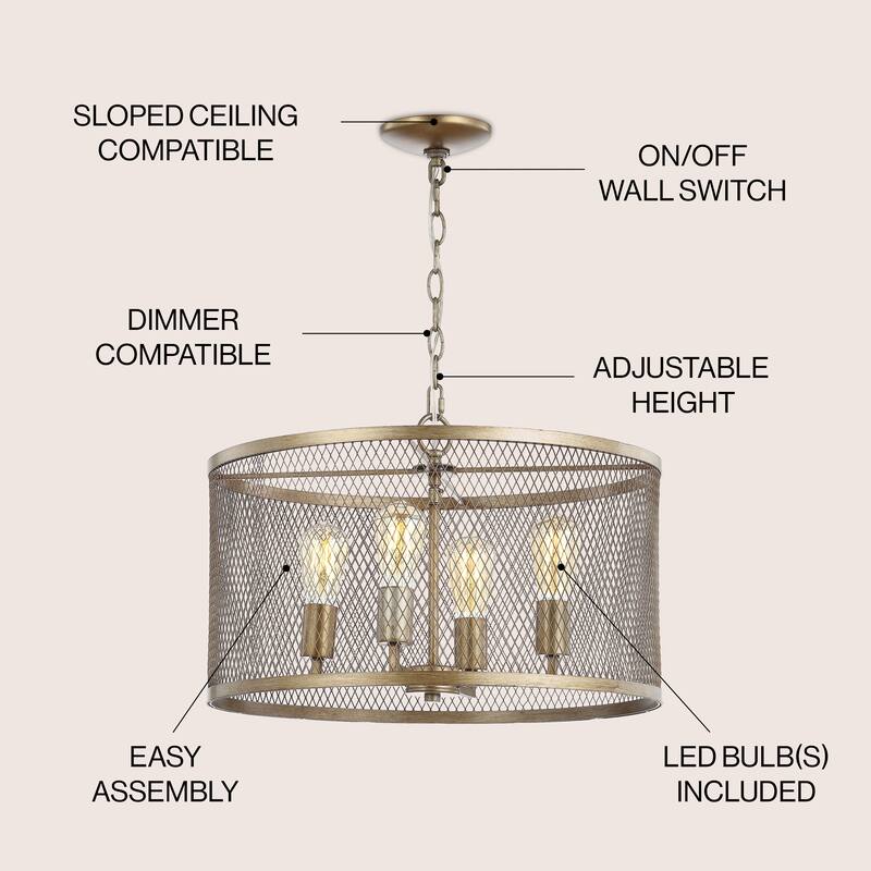 Nile 4-Light 20" Iron Adjustable Industrial Mesh LED Pendant, Gold by JONATHAN Y