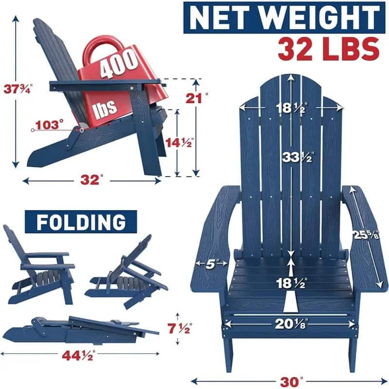 WINSOON All Weather HIPS Outdoor Folding Adirondack Chairs Outdoor Chairs Set of 4