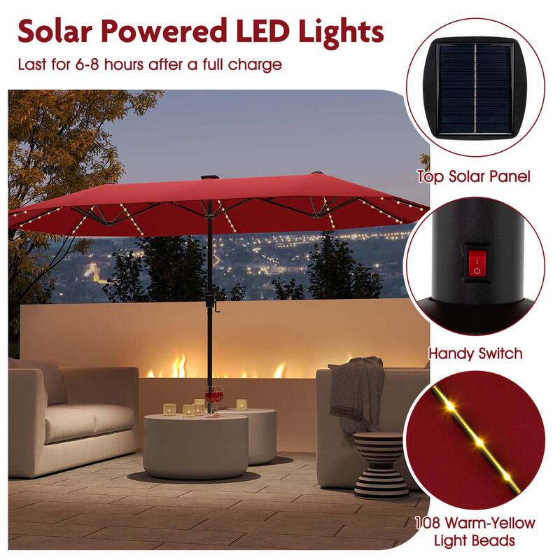 Costway 13 FT Large Patio Umbrella with LED Solar Lights Crank Handle