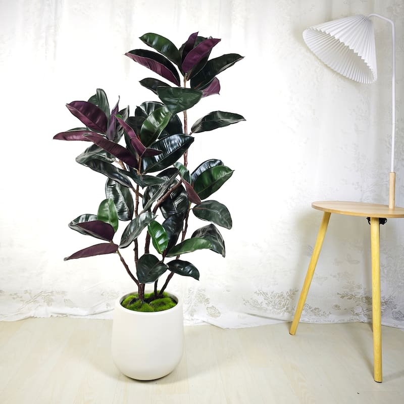 4.5 ft. Artificial Rubber Tree in White Decor Pot for Home Decor - 4.5 ft.