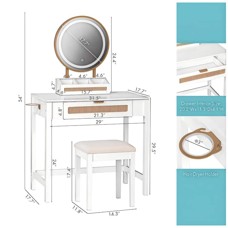 COSTARS Rattan Makeup Vanity Desk with Mirror and Lights, White Vanity Table with Drawers,Dressing Table with 3 Lighting Modes