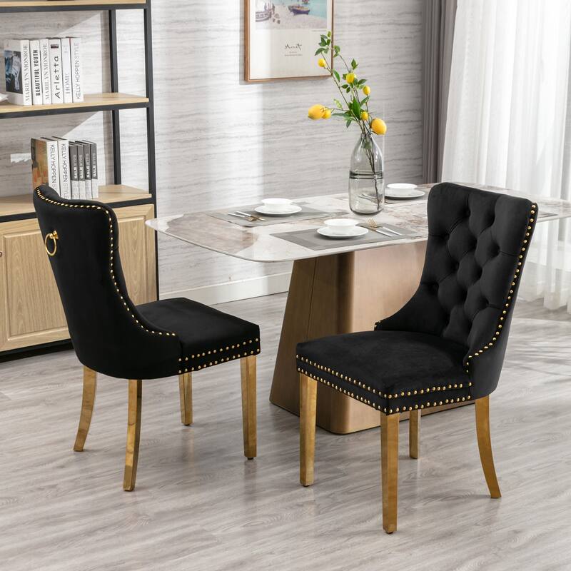 Set of 2 Velvet Dining Chairs with Nailhead Trim and Gold-Plated Legs - Black