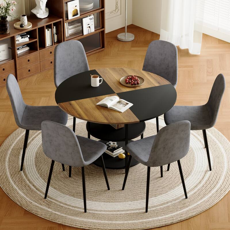 A 47.3-Inch Diameter Modern Splicing Circular Dining Table Set- Double-Layer Storage,Paired with 6 Fabric Chairs
