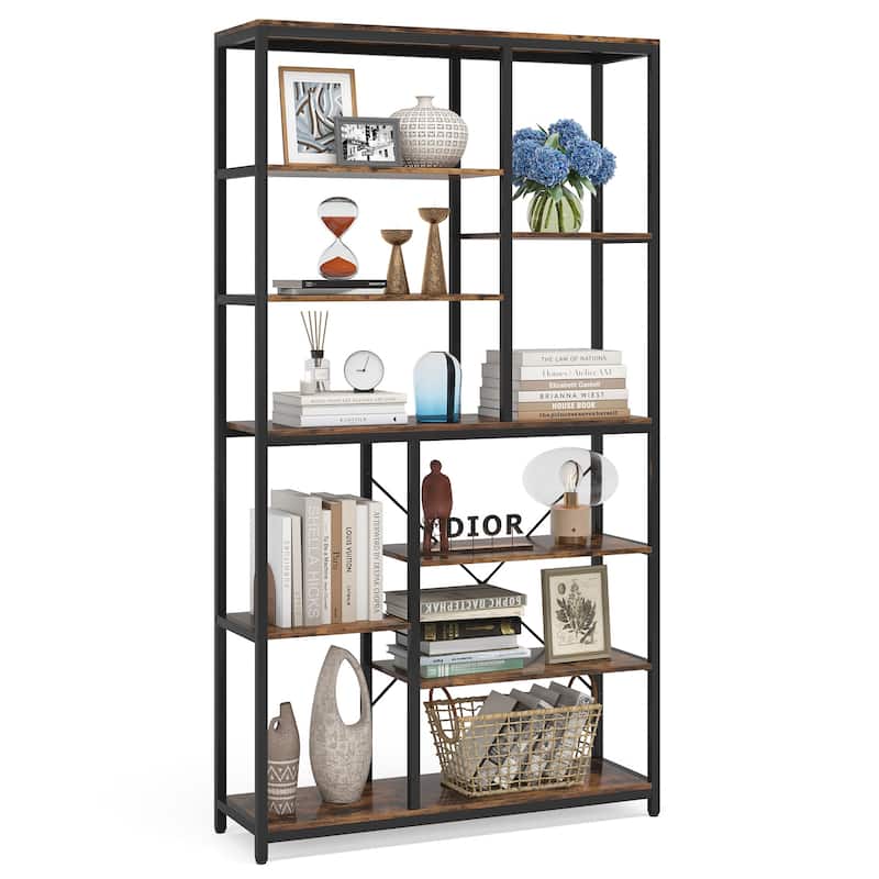 Staggered Bookcase Open Book Shelves Wood Etagere Display Shelf for Living Room