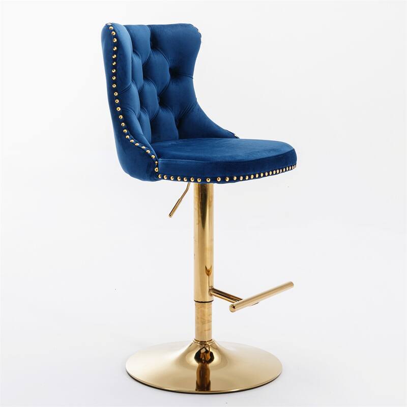 2 Piece Adjustable Swivel Velvet Upholstered Barstool with Golden Base