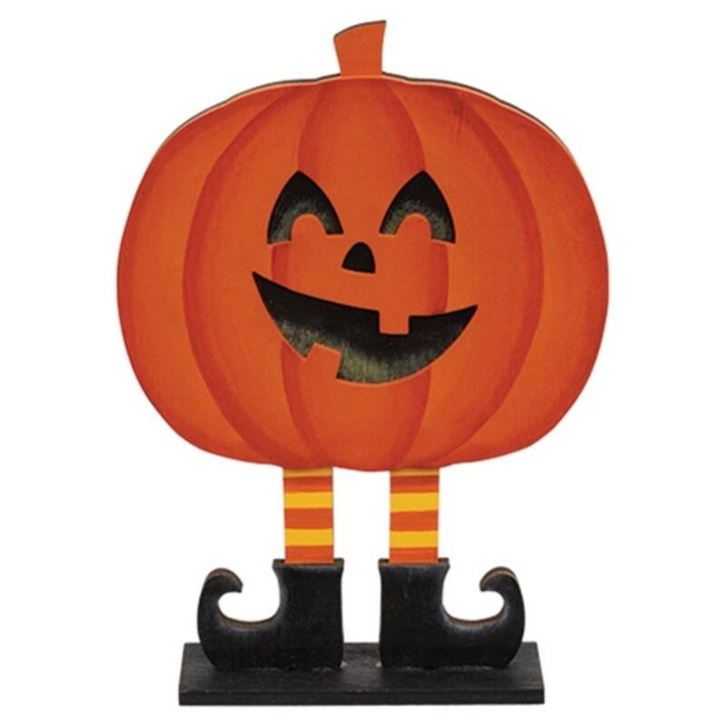 Halloween Wooden Jack O Lantern Figurine with Striped Stockings and Black Boots Decoration - 7.25" H x 4" W x 1.75" D