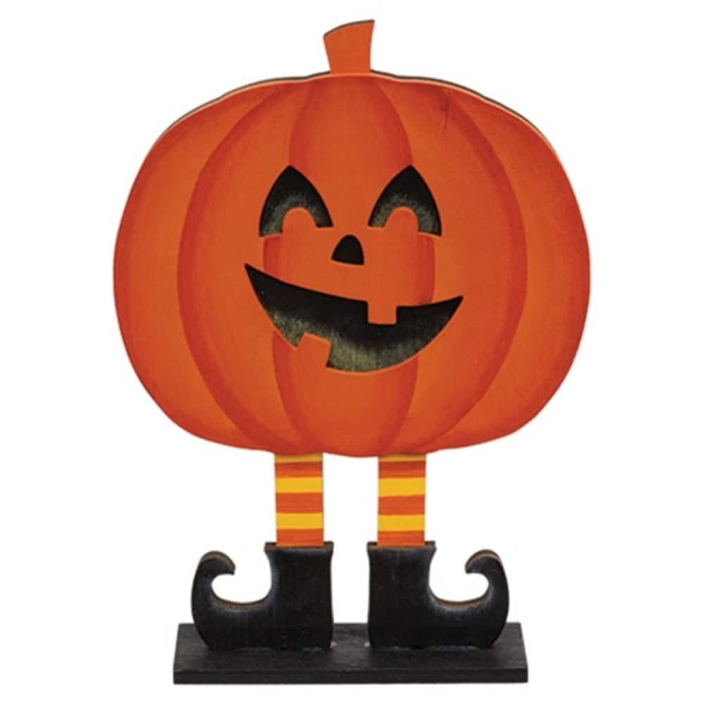 Halloween Wooden Jack O Lantern Figurine with Striped Stockings and Black Boots Decoration - 7.25" H x 4" W x 1.75" D