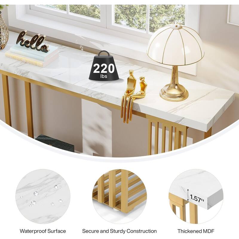 Modern MDF Console Table with Faux Marble Top & Metal Base, 63" Narrow Long Sofa Table for Entryway, Hallway, Living Room