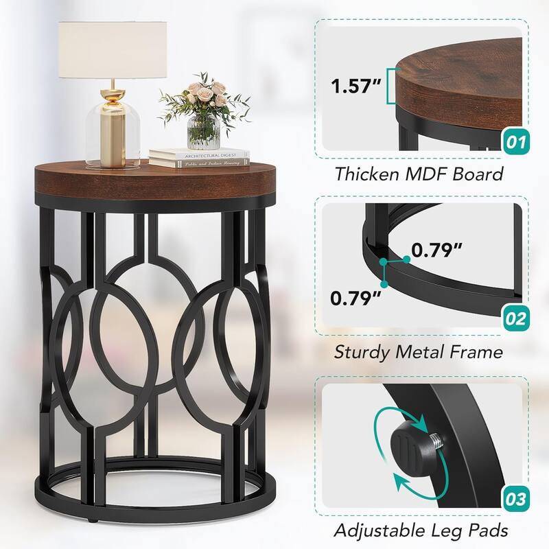 20" Round Industrial Side Table with Metal Openwork Frame, Rustic End Table Nightstand for Bedroom or Living Room