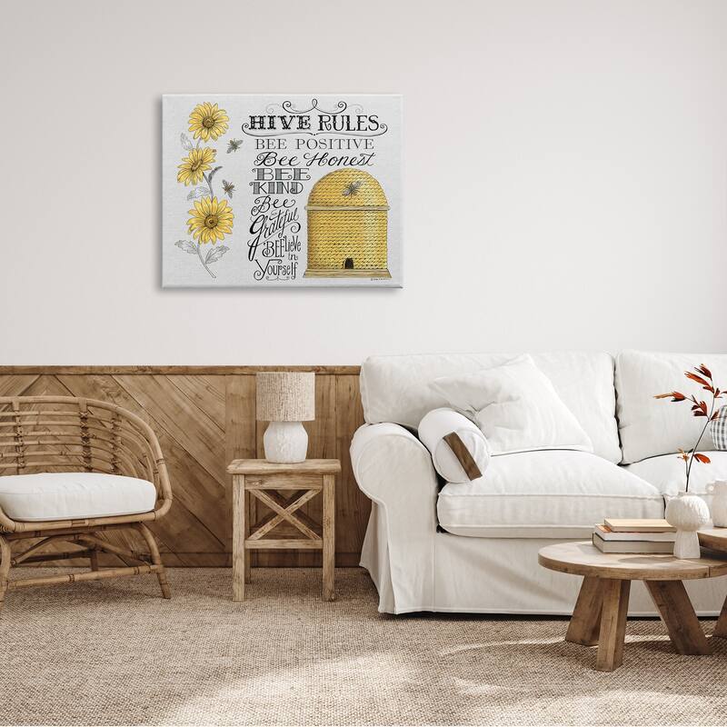 Stupell Hive Rules Motivational Phrases Bee Puns Vintage Beehive Canvas Wall Art - Yellow