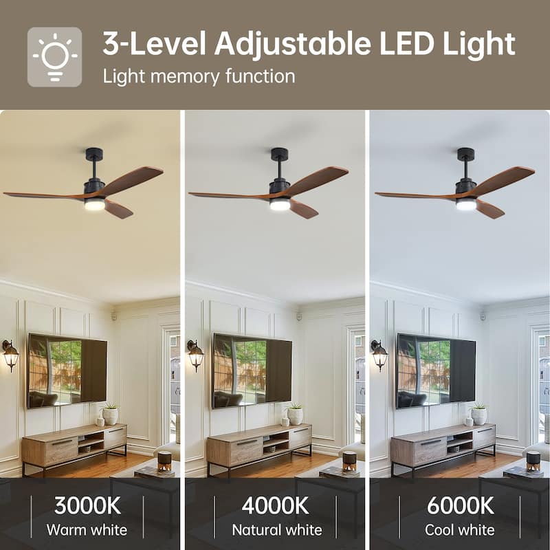 Sofucor 60Inch Ceiling Fan Solid Wood Blades with Light Remote Control,Indoor/Outdoor with Reversible DC Motor for Bedroom Patio