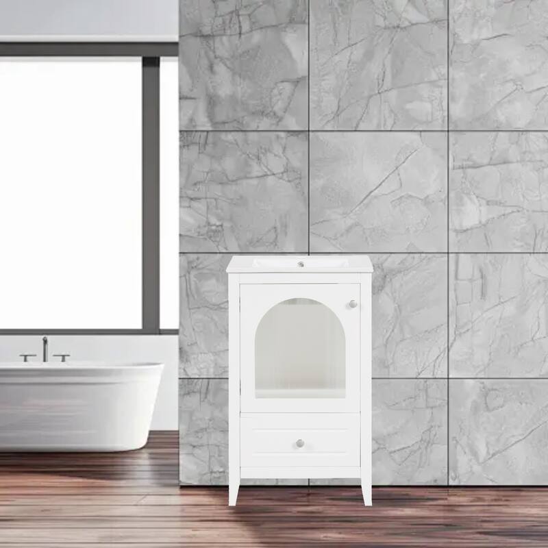 Modern 20" Bathroom Vanity with Ceramic Sink, Glass Door, and Spacious Drawer - White