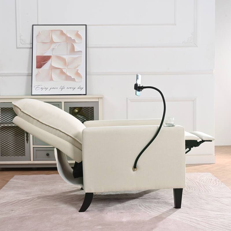 Beige Modern Fabric Manual Adjustable Recliner Chair with Mobile Phone Holder, Cup Holder, and Footrest