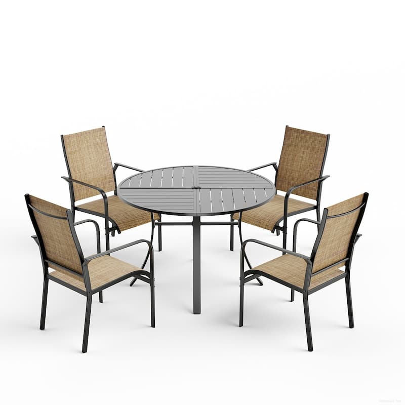 5/7/9-Piece Outdoor Patio Dining Set with Stackable Textilene Chairs and Slatted Table, Furniture with Adjustable Umbrella Hole