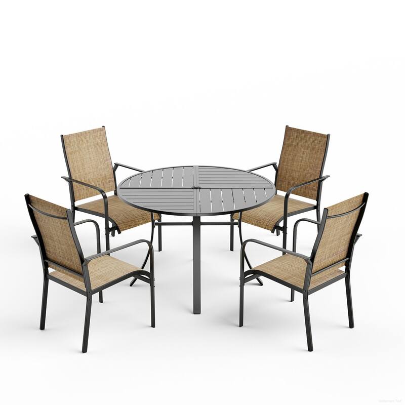 Patio Dining Set, Outdoor Dining Table and Chairs Set with Textilene Chairs, Adjustable Umbrella Hole for Garden, Backyard