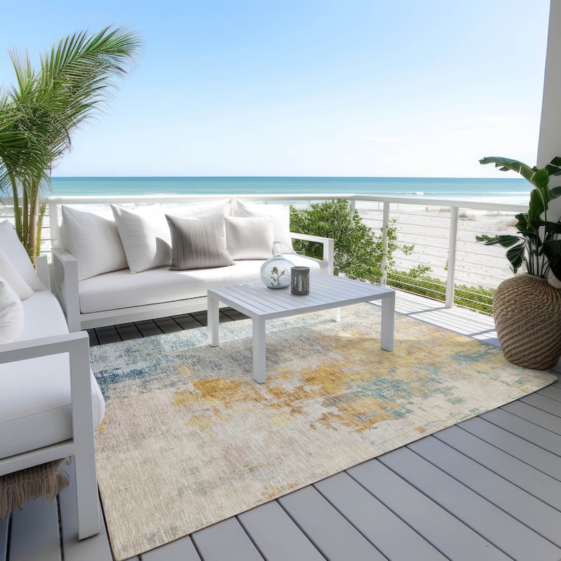 Machine Washable Indoor/ Outdoor Abstract Contemporary Chantille Rug