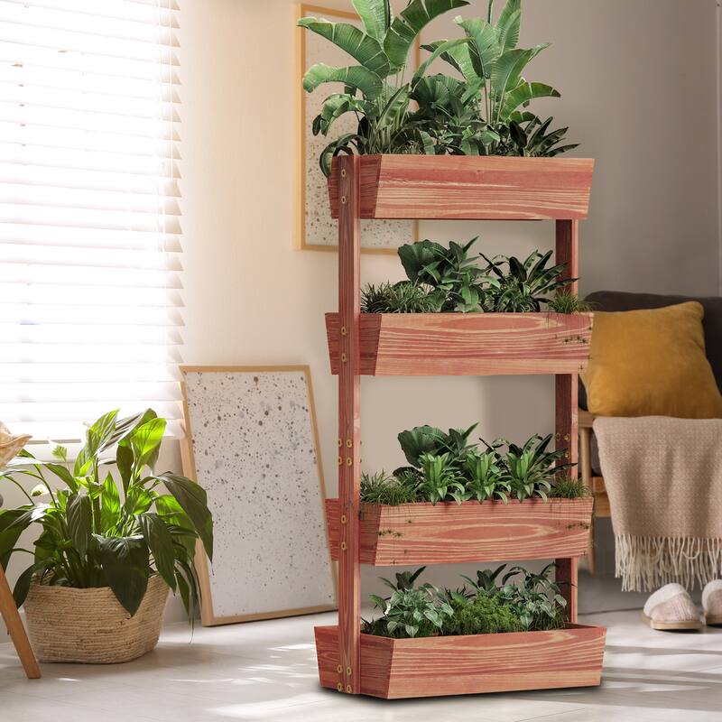 4-tier Wooden Vertical Ladder Raised Vegetable Planter Box Elevated Garden Bed - 25.6" W x 55.5" H