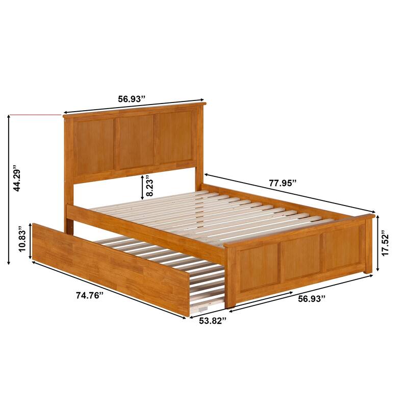 Solid Wood Platform Bed with Trundle - Full Size Bed Frame, Modern Style, Light Toffee Finish