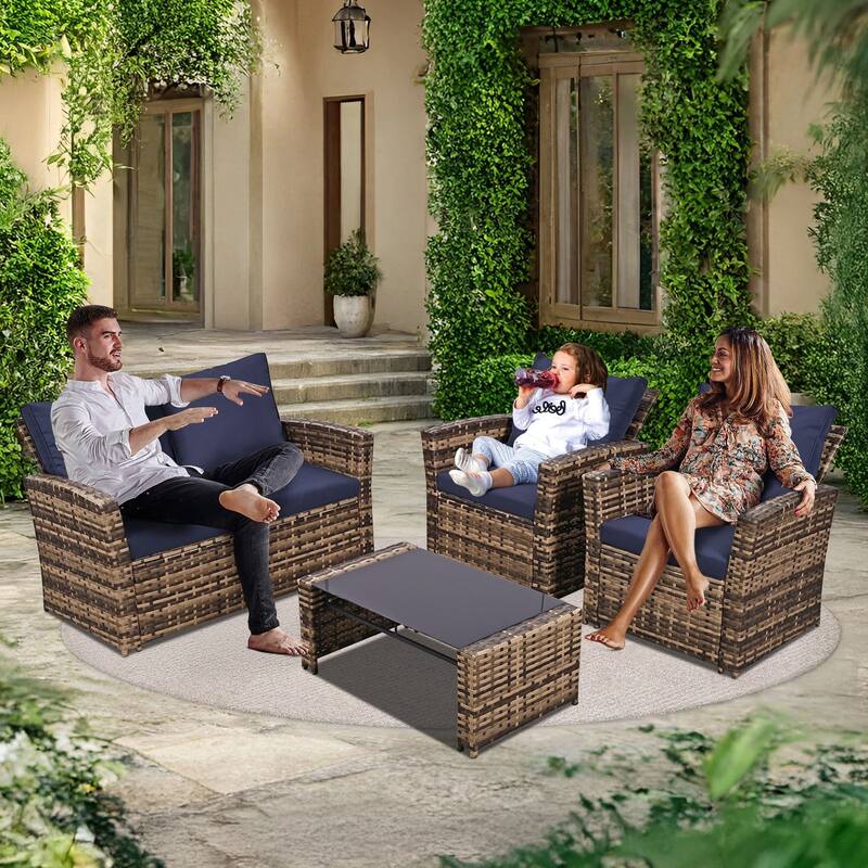 4-Piece Wicker Outdoor Sofa Set, 1 Loveseats, 2 Single Sofas, 1 Table