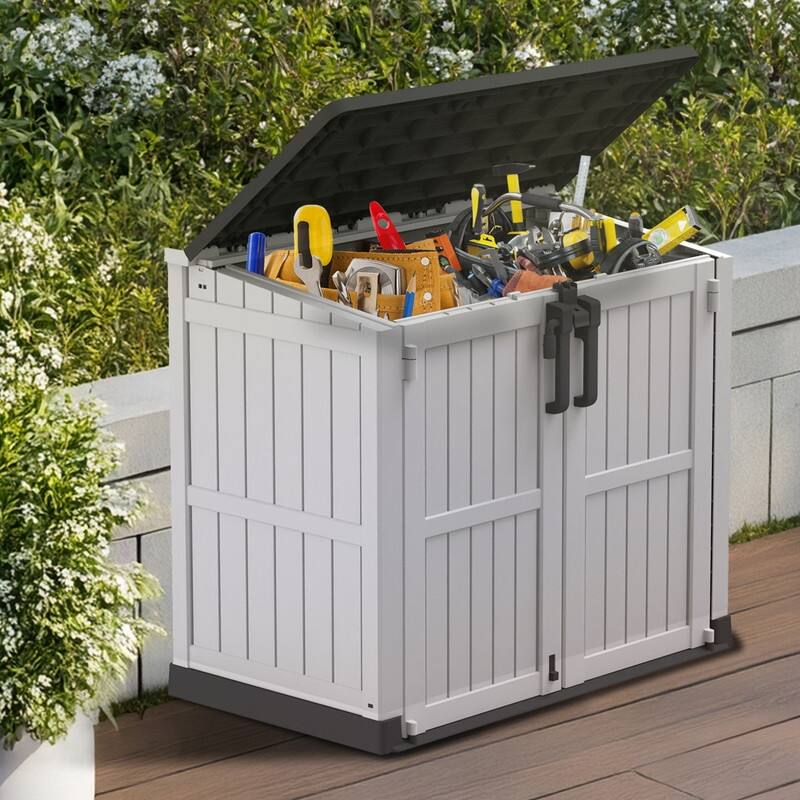 233GAL/880L Heavy-Duty Outdoor Storage Box with Wood-Effect Panels -Lockable Weather-Resistant Design for Garden Tools - 880L