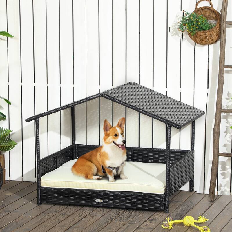 Wicker Dog House Outdoor with Canopy, Rattan Dog Bed with Water-resistant Cushion, for Small and Medium Dogs, Dark Blue