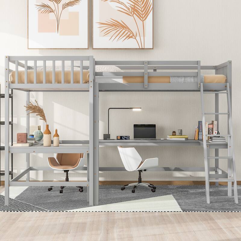Twin L-Shaped Loft Bed with 2 Built-in Desks and Ladder, Space-Saving Wood Frame